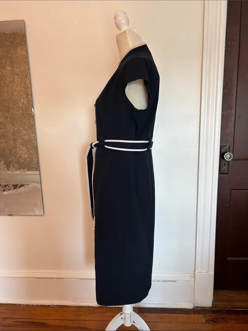 Sold Sandra Darren Black Midi Dress with White Trim and Belt
